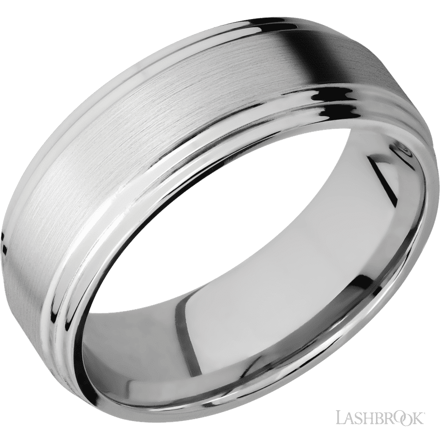 8 mm wide Flat Double Stepped Edges 14K White Gold band.