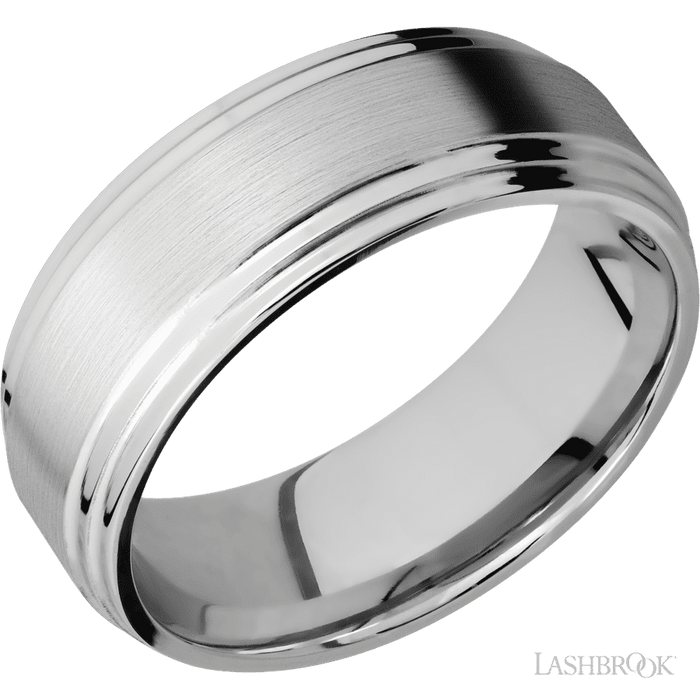 8 mm wide Flat Double Stepped Edges 14K White Gold band.