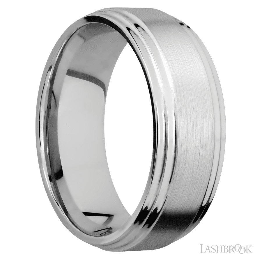 8 mm wide Flat Double Stepped Edges 14K White Gold band.