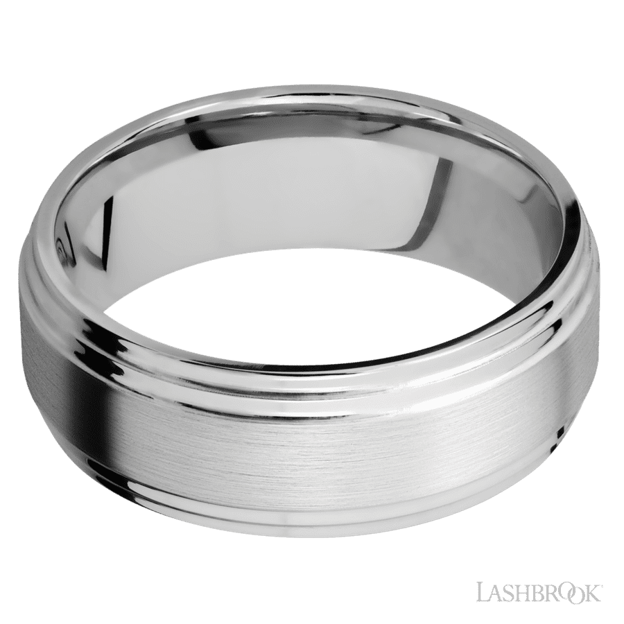 8 mm wide Flat Double Stepped Edges 14K White Gold band.