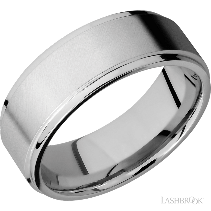 8 mm wide Flat Grooved Edges 14K White Gold band.