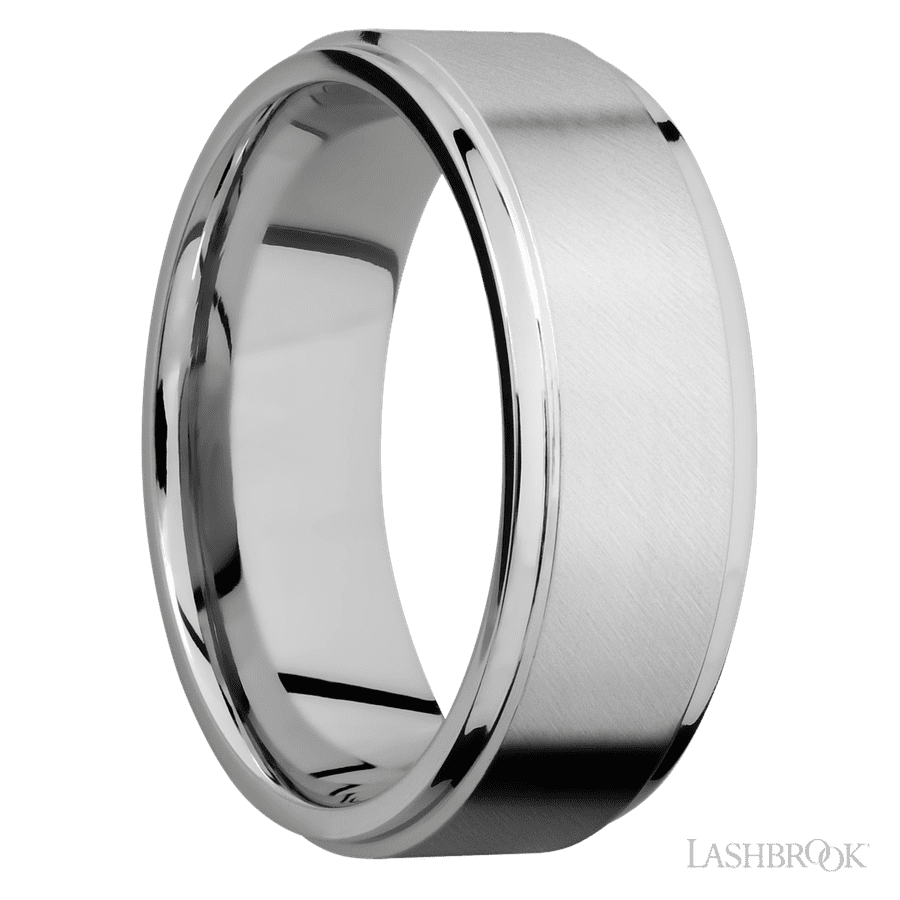 8 mm wide Flat Grooved Edges 14K White Gold band.