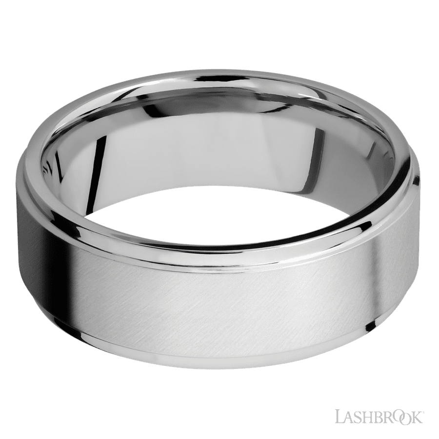 8 mm wide Flat Grooved Edges 14K White Gold band.