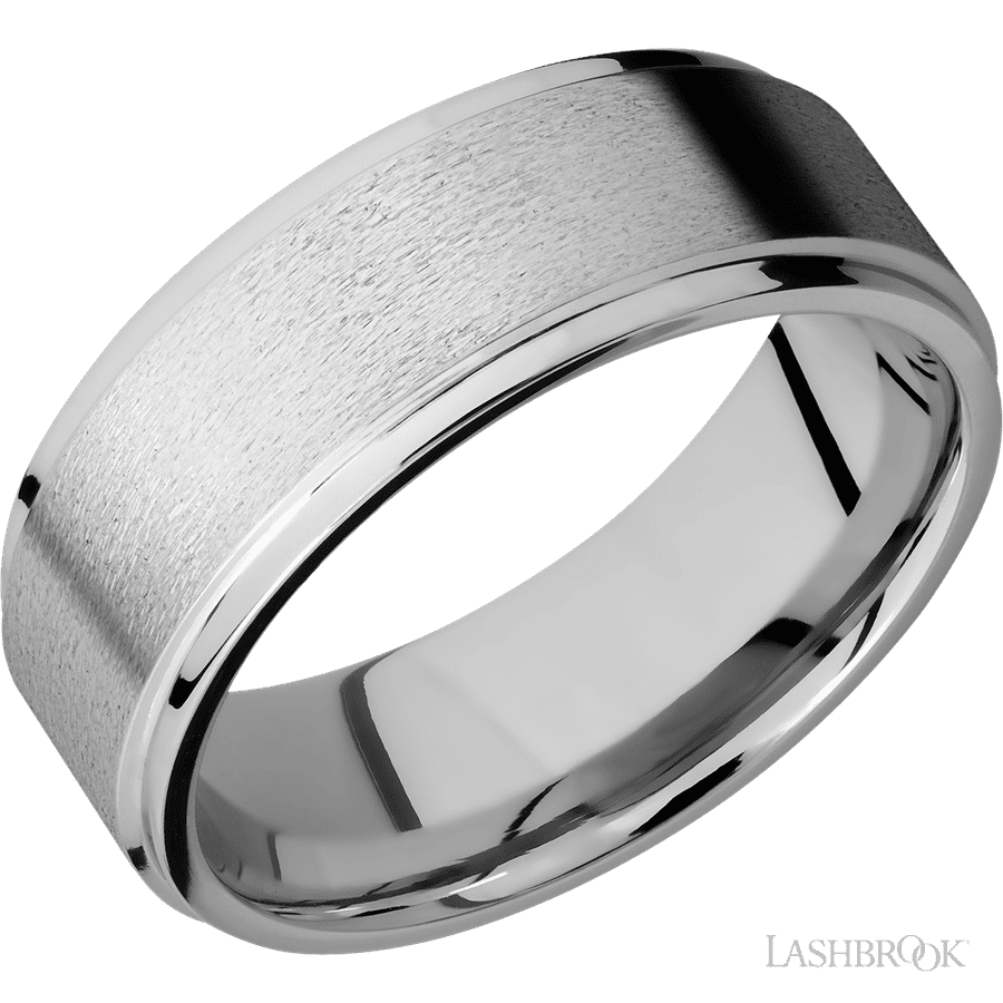 8 mm wide Flat Grooved Edges 14K White Gold band.