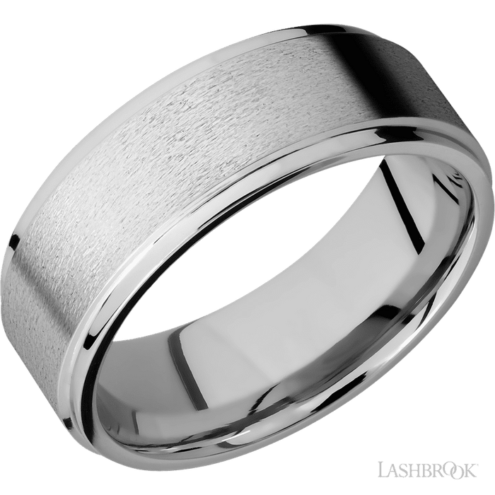 8 mm wide Flat Grooved Edges 14K White Gold band.