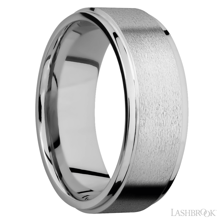 8 mm wide Flat Grooved Edges 14K White Gold band.