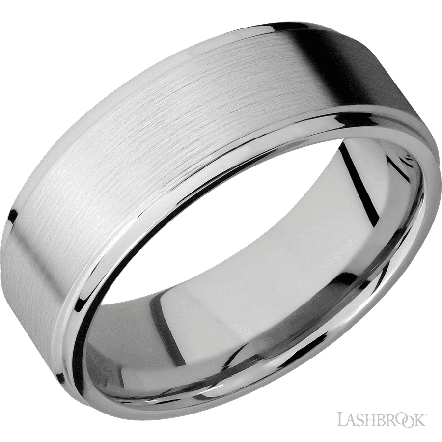8 mm wide Flat Grooved Edges 14K White Gold band.