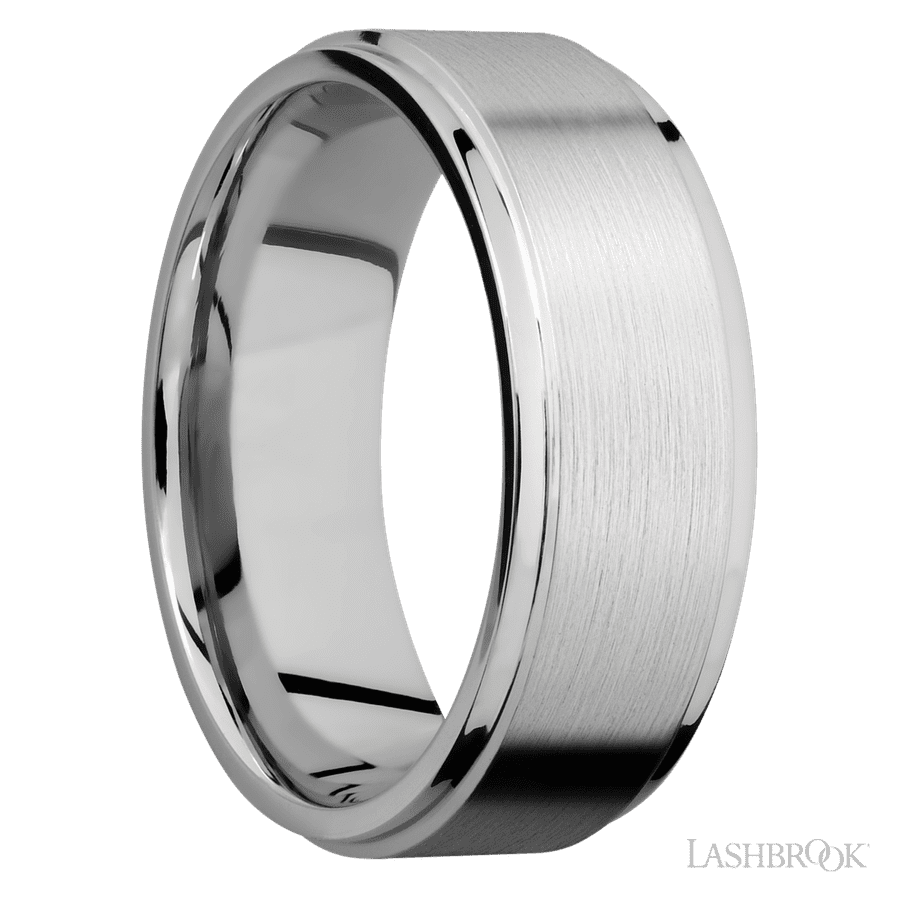 8 mm wide Flat Grooved Edges 14K White Gold band.