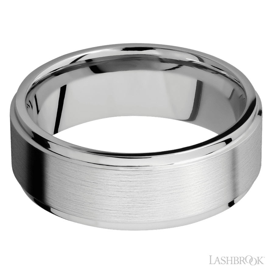 8 mm wide Flat Grooved Edges 14K White Gold band.