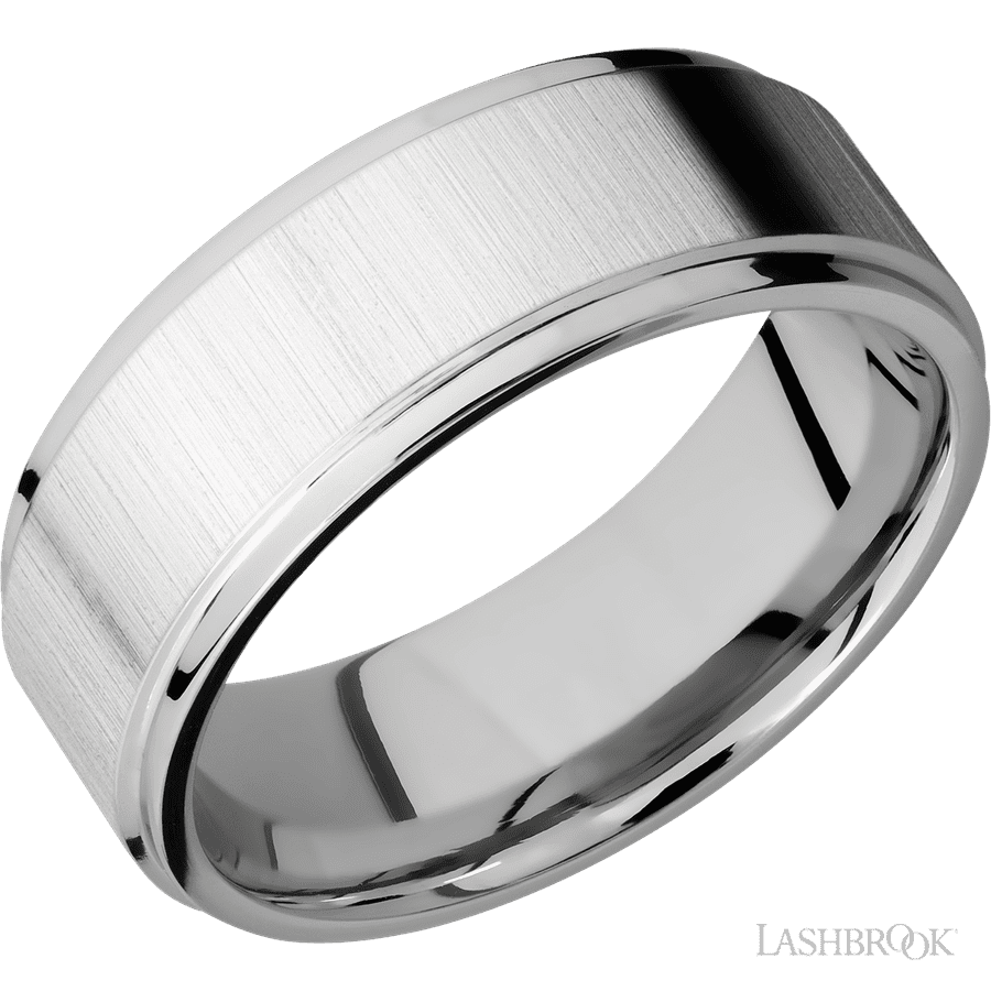 8 mm wide Flat Grooved Edges 14K White Gold band.