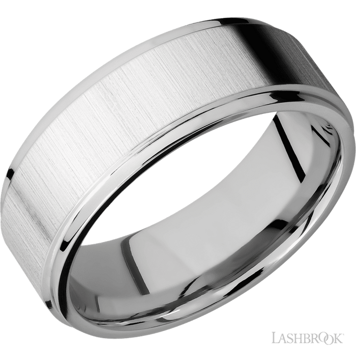 8 mm wide Flat Grooved Edges 14K White Gold band.