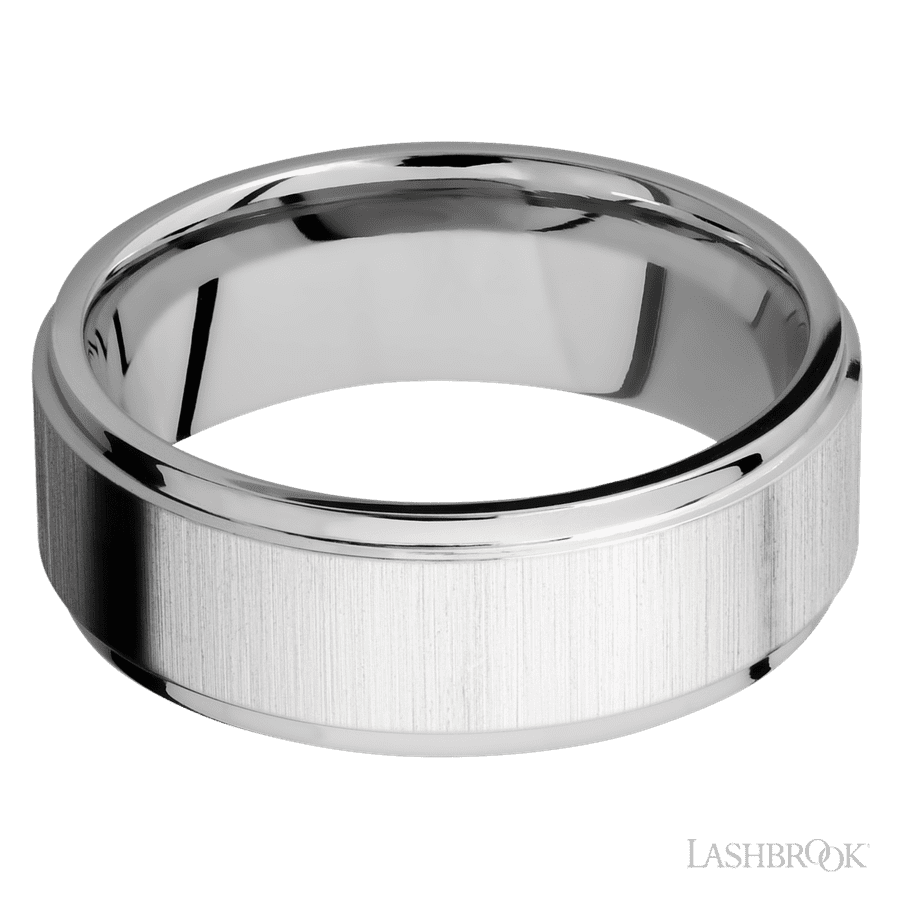 8 mm wide Flat Grooved Edges 14K White Gold band.