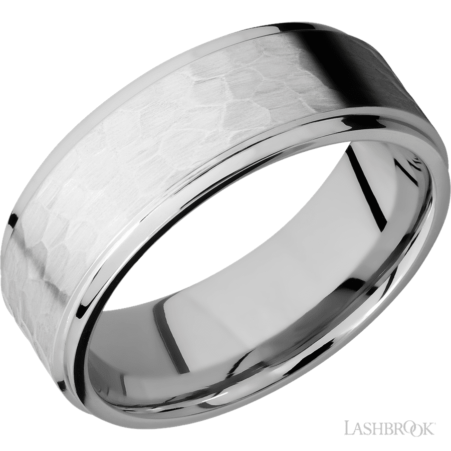 8 mm wide Flat Grooved Edges 14K White Gold band.