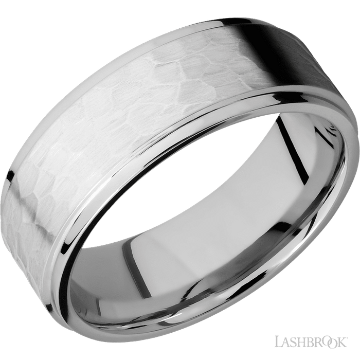 8 mm wide Flat Grooved Edges 14K White Gold band.