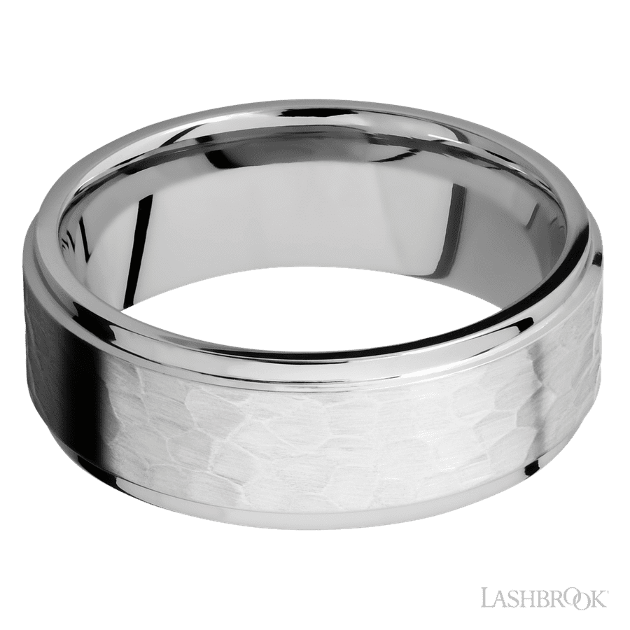 8 mm wide Flat Grooved Edges 14K White Gold band.