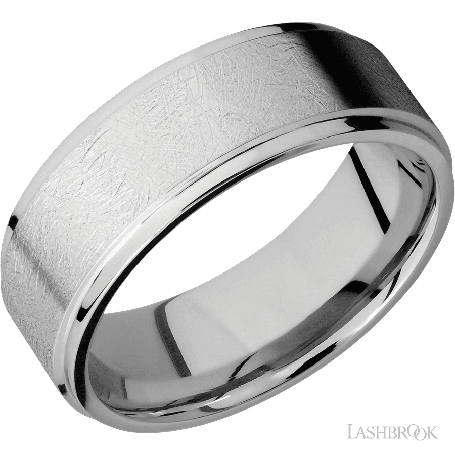 8 mm wide Flat Grooved Edges 14K White Gold band.