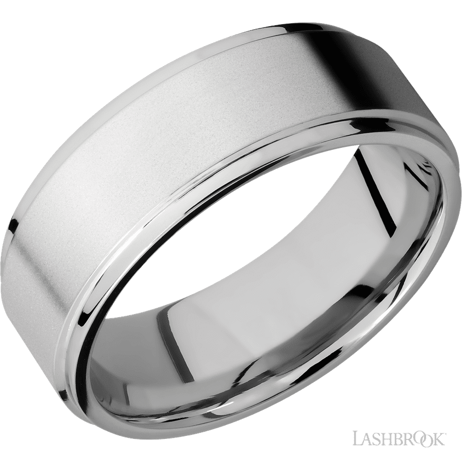 8 mm wide Flat Grooved Edges 14K White Gold band.