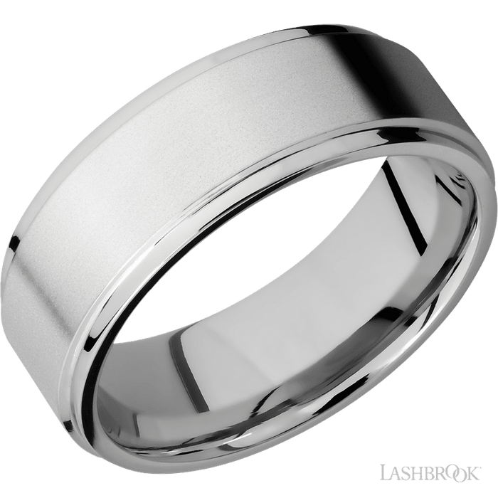 8 mm wide Flat Grooved Edges 14K White Gold band.