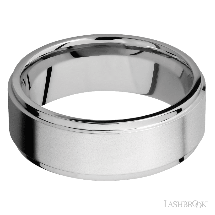8 mm wide Flat Grooved Edges 14K White Gold band.