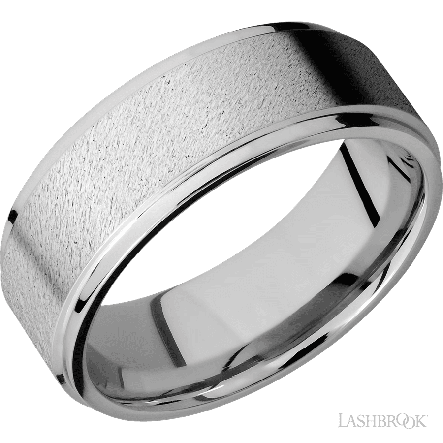 8 mm wide Flat Grooved Edges 14K White Gold band.
