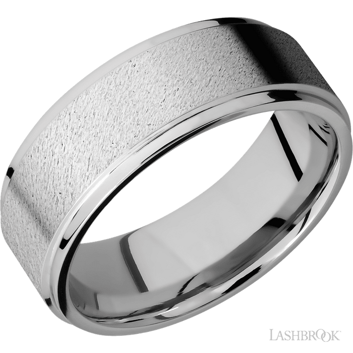8 mm wide Flat Grooved Edges 14K White Gold band.