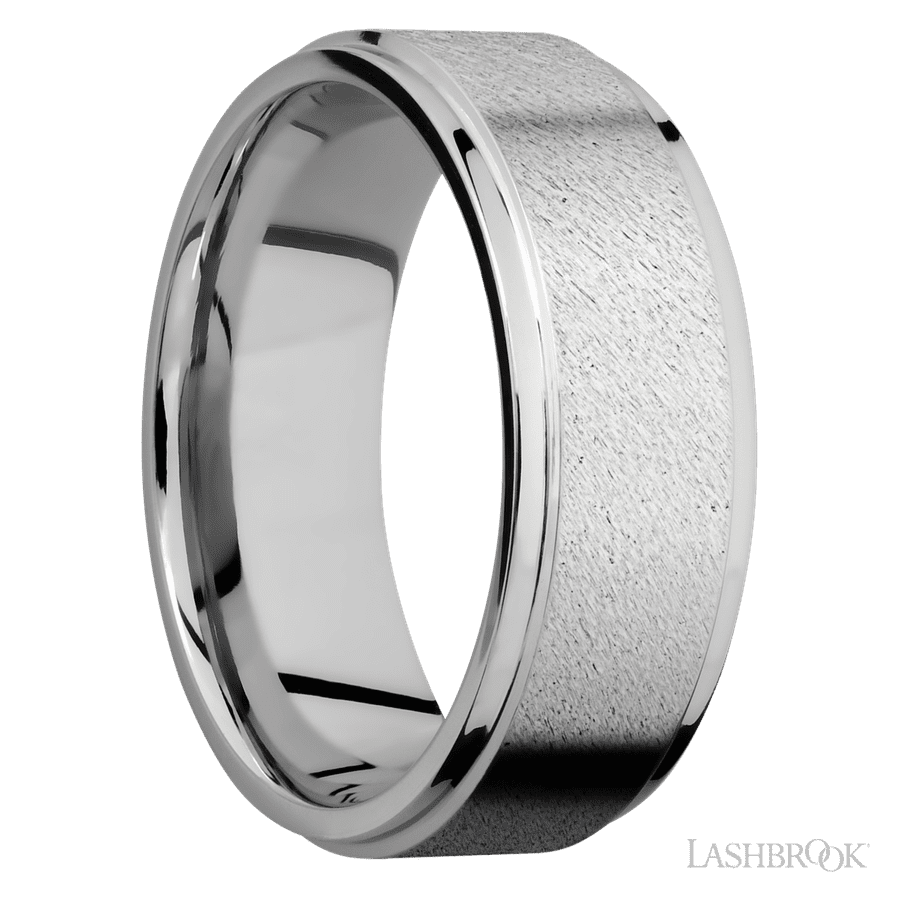 8 mm wide Flat Grooved Edges 14K White Gold band.