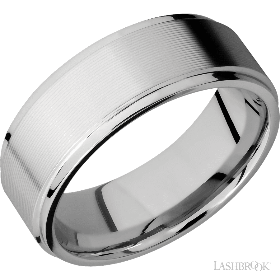 8 mm wide Flat Grooved Edges 14K White Gold band.
