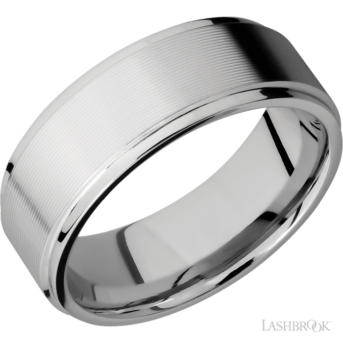 8 mm wide Flat Grooved Edges 14K White Gold band.