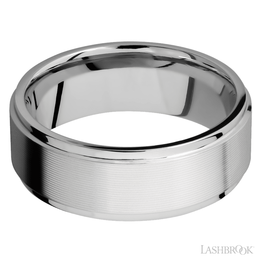 8 mm wide Flat Grooved Edges 14K White Gold band.