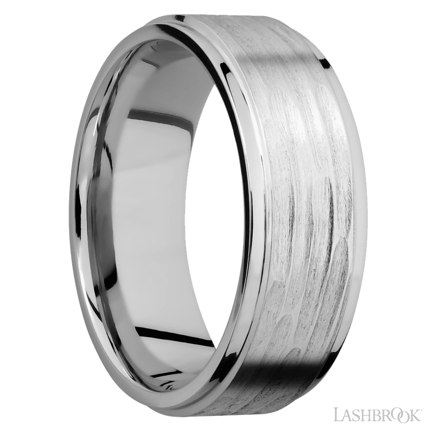 8 mm wide Flat Grooved Edges 14K White Gold band.
