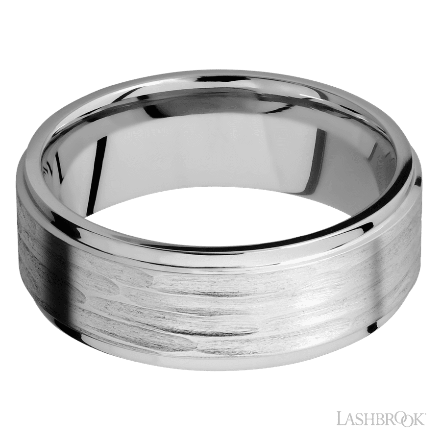 8 mm wide Flat Grooved Edges 14K White Gold band.