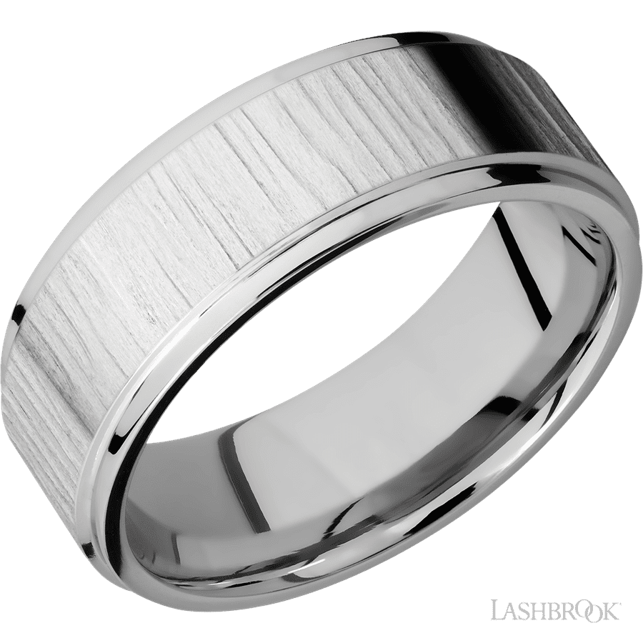 8 mm wide Flat Grooved Edges 14K White Gold band.