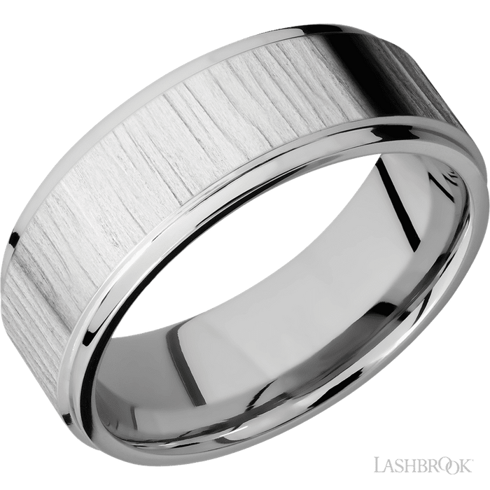 8 mm wide Flat Grooved Edges 14K White Gold band.