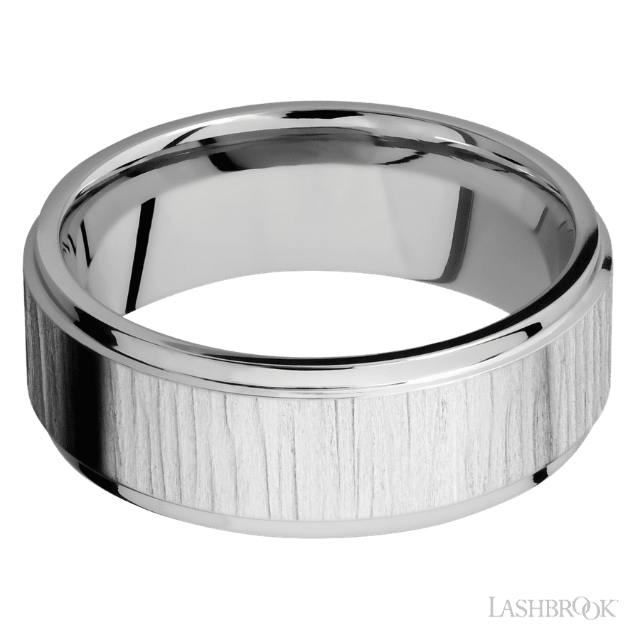 8 mm wide Flat Grooved Edges 14K White Gold band.