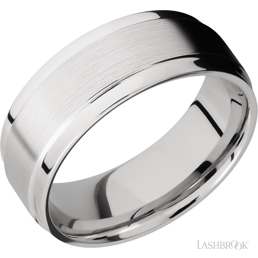 8 mm wide Flat Wide Grooved Edges 14K White Gold band.