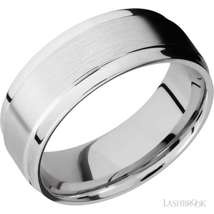 8 mm wide Flat Wide Grooved Edges 14K White Gold band.