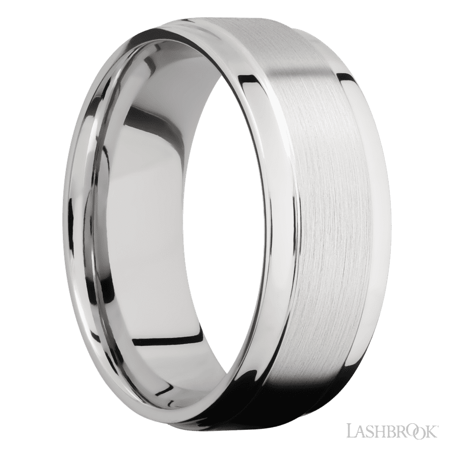 8 mm wide Flat Wide Grooved Edges 14K White Gold band.