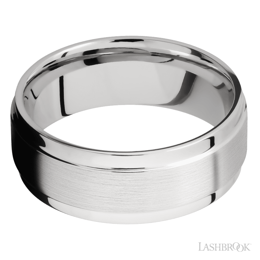 8 mm wide Flat Wide Grooved Edges 14K White Gold band.