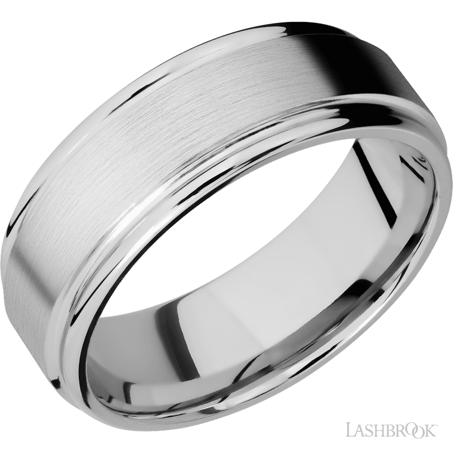 8 mm wide Flat Rounded Edges 14K White Gold band.