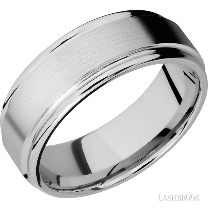 8 mm wide Flat Rounded Edges 14K White Gold band.