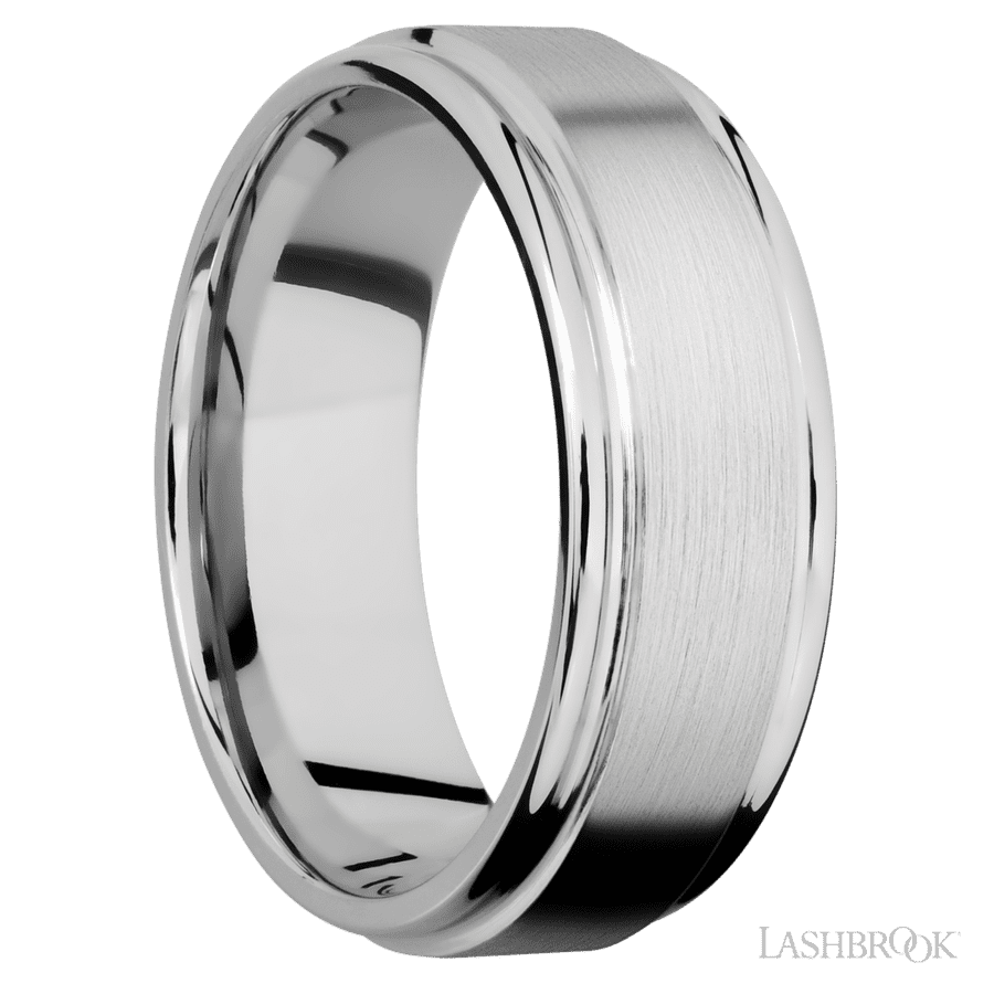 8 mm wide Flat Rounded Edges 14K White Gold band.