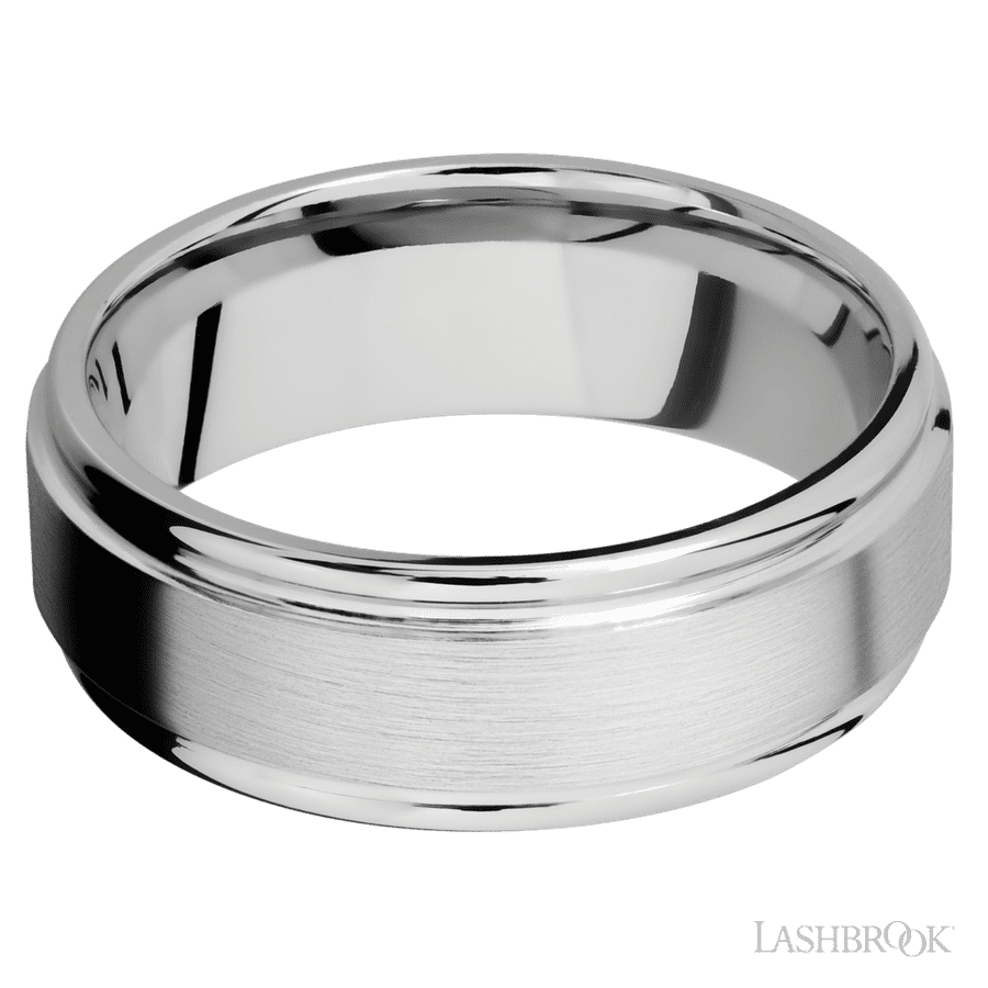 8 mm wide Flat Rounded Edges 14K White Gold band.