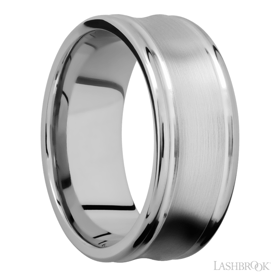 9 mm wide Concaved Center Round Edges 14K White Gold band.