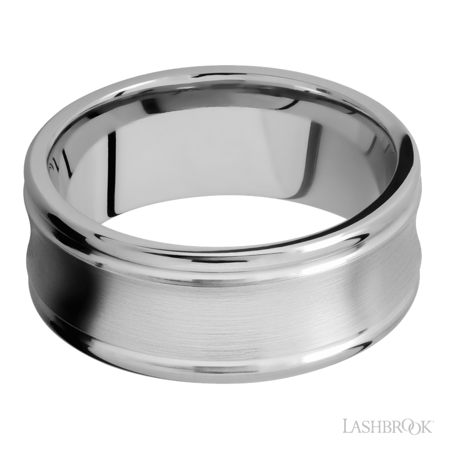 9 mm wide Concaved Center Round Edges 14K White Gold band.