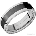 7 mm wide/Flat/14K White Gold band with  one 4 mm Centered inlay of Zirconium and featuring a Side Eternity arrangement of .01 carat Round Diamond stones in a Bead Channel setting