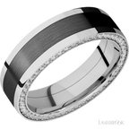 7 mm wide/Flat/14K White Gold band with  one 4 mm Centered inlay of Zirconium and featuring a Side Eternity arrangement of .01 carat Round Diamond stones in a Bead Channel setting