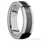 7 mm wide/Flat/14K White Gold band with  one 4 mm Centered inlay of Zirconium and featuring a Side Eternity arrangement of .01 carat Round Diamond stones in a Bead Channel setting