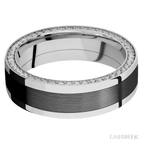 7 mm wide/Flat/14K White Gold band with  one 4 mm Centered inlay of Zirconium and featuring a Side Eternity arrangement of .01 carat Round Diamond stones in a Bead Channel setting