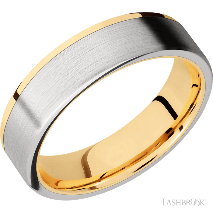 6 mm wide/Flat/14K Yellow Gold band with one 5 mm Off Center Edge inlay of Cobalt Chrome.