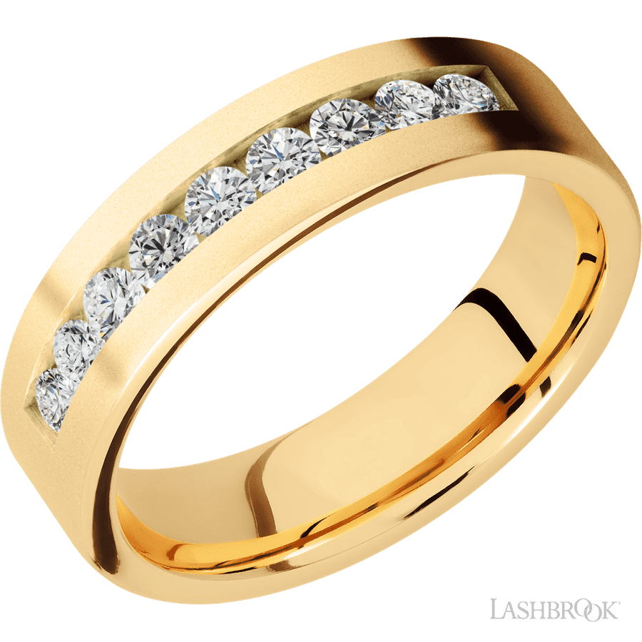 "6 mm wide/Flat/14K Yellow Gold band with an  arrangement of 9, .07 carat Round Diamond stones in a Channel setting."